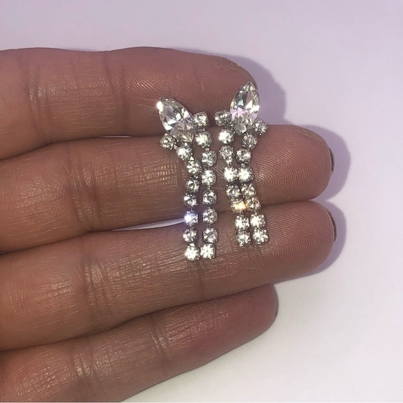 vtg Rhinestone Marquis Navette Stone Dangle Stud Earrings 1.2” - Picture 3 of 5